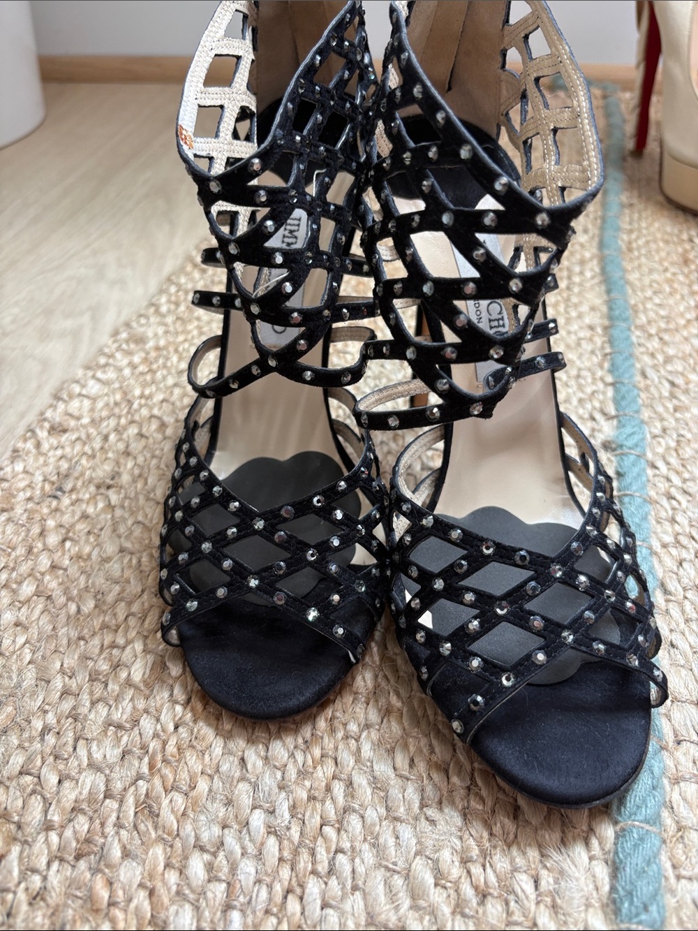 Jimmy Choo Black Studded Lattice Cage Heels